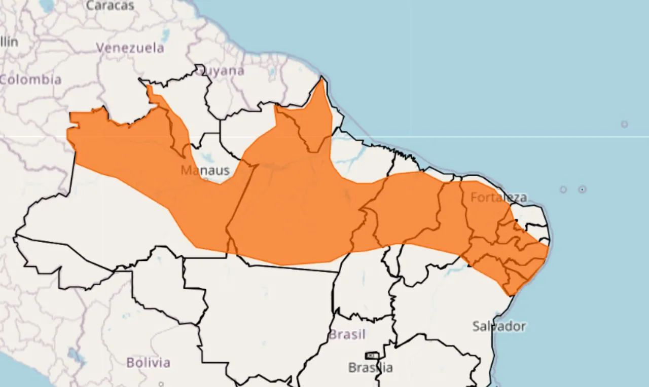 O mapa mostra as &aacute;reas em alerta para chuva intensa